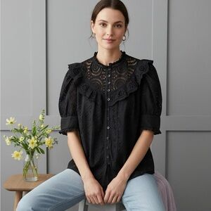 House of Harlow 1960 Black Eyelet Crochet Boho Peasant Cotton Blouse Sz Large